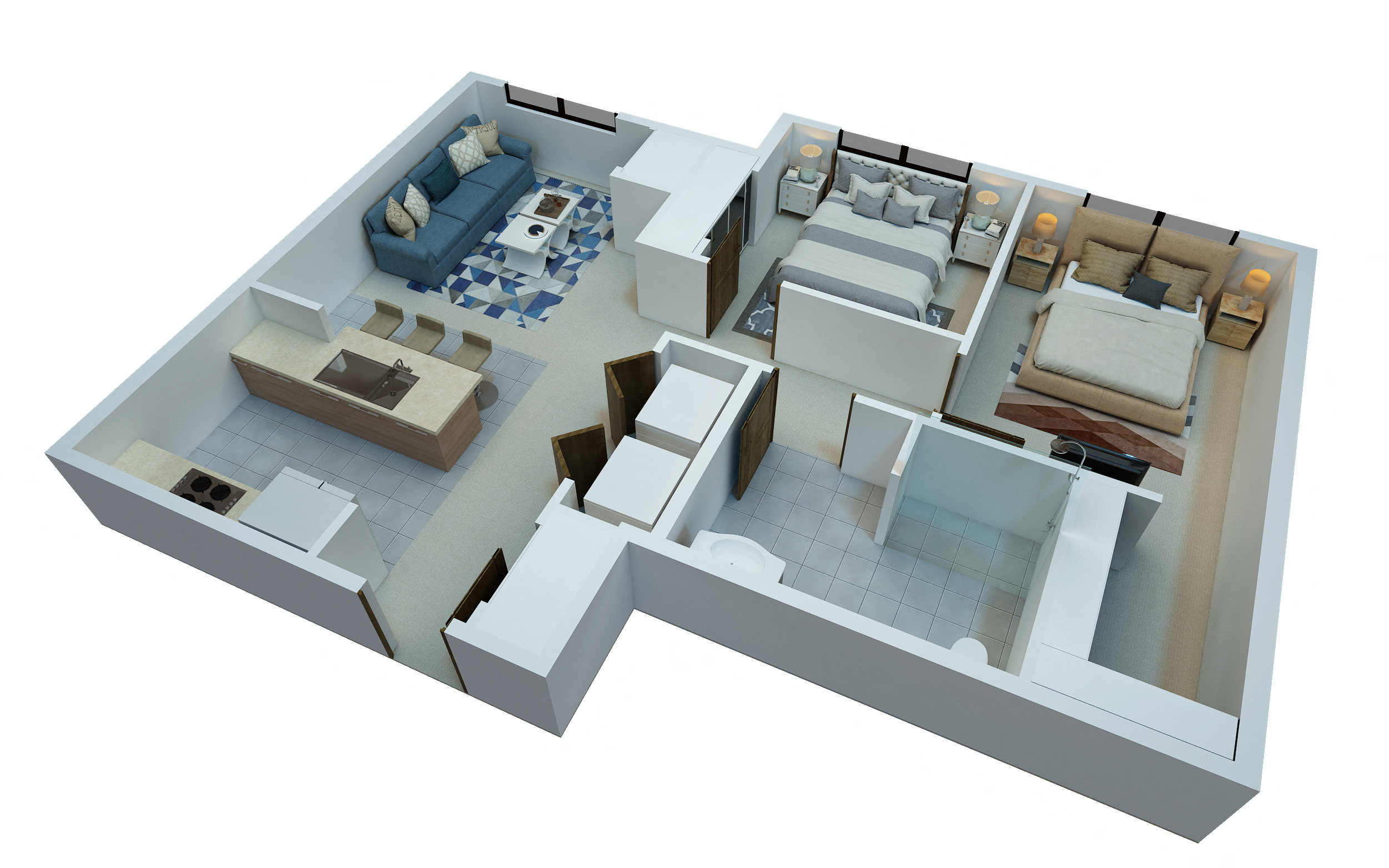 Floor plan for 2 beds, 1 bath, 895 sqft